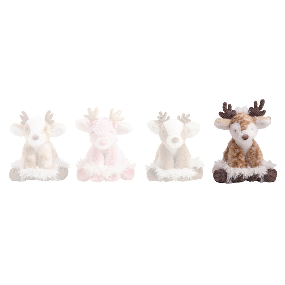 Four small plush reindeer toys lined up on a plain white background. The reindeer come in four colorways: cream and white, pale pink and white, white and cream, and brown and cream with dark brown antlers and hooves.