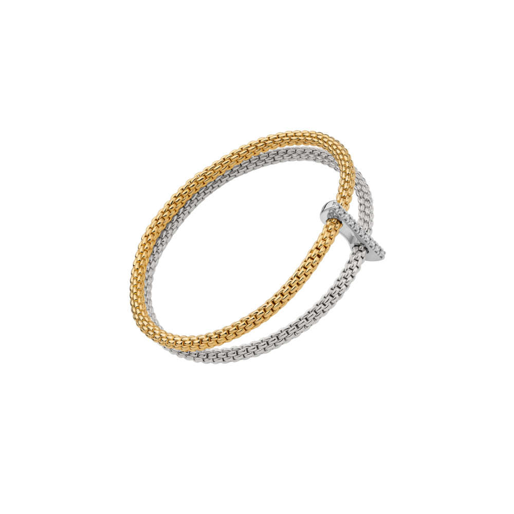 A two-tone braided stretch bracelet featuring one gold-toned braid and one silver-toned braid, joined by a small silver-toned cross clasp, shown on a plain white background.