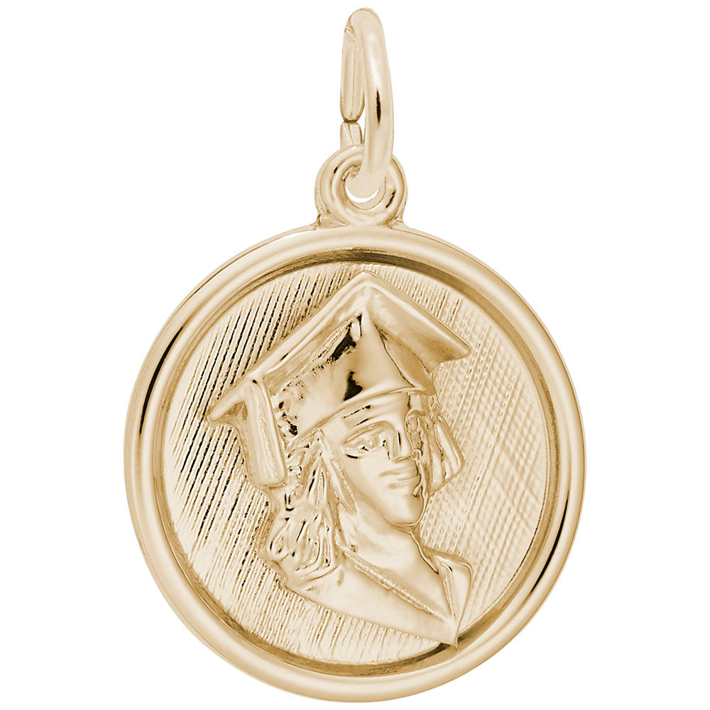 Gold charm with female graduate design on a white background