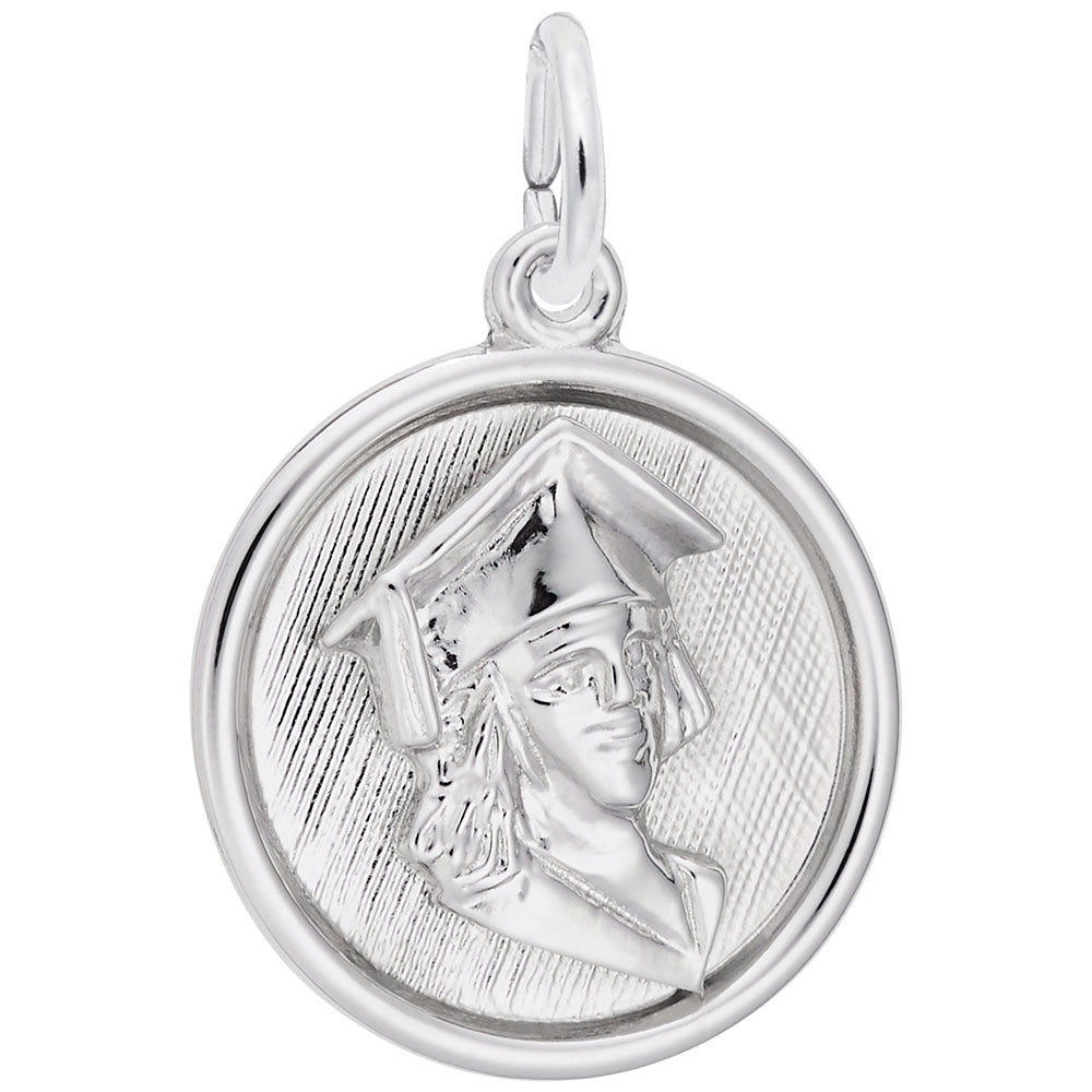 Silver charm with female graduate design on a white background