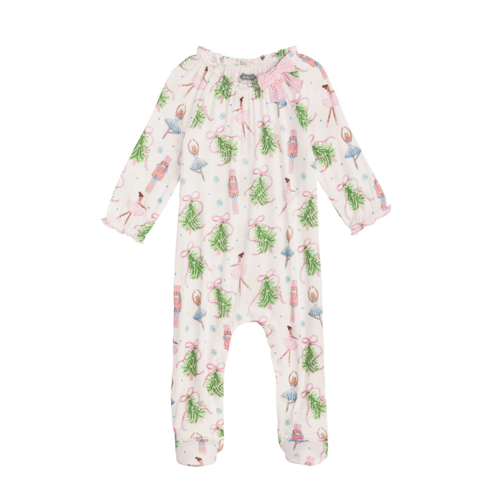 White baby onesie with ballet, christmas tree and pink bow themed print on a white background.