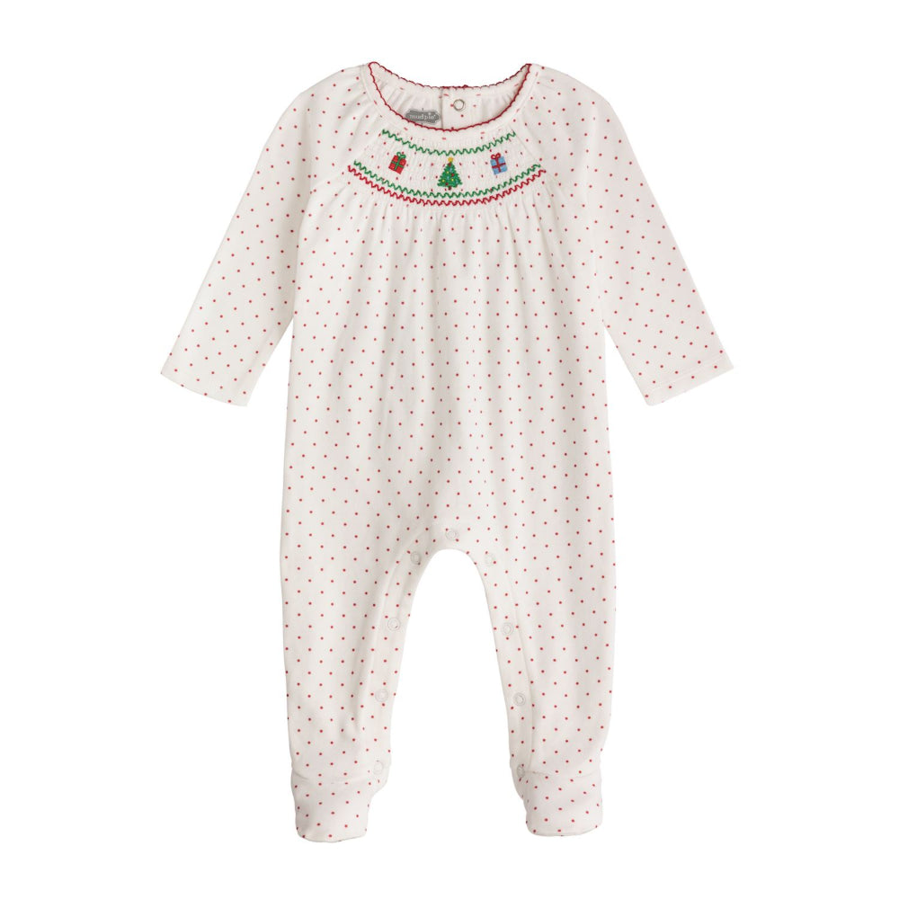 White baby onesie with Christmas-themed smocking on a white background.