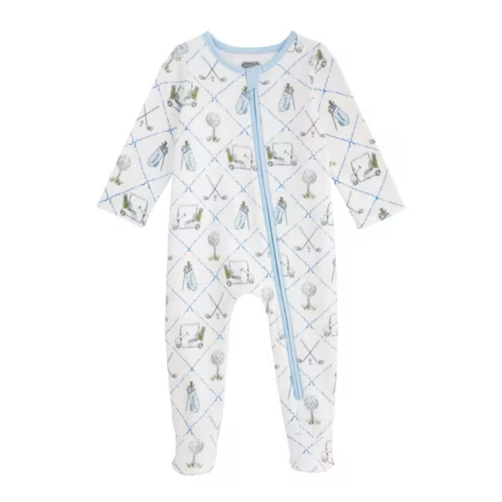 White & blue baby golf themed onesie with a pattern of cartoon characters on a white background.
