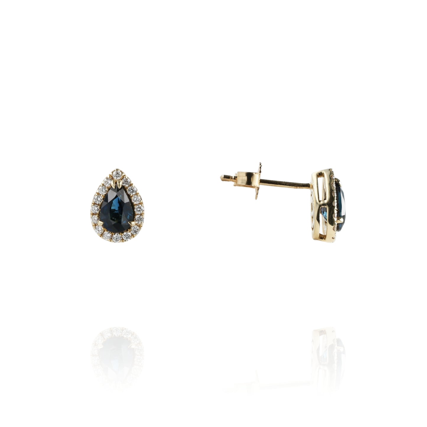 14k Yellow Gold Pear Shape Sapphire and Diamond Halo Stud Earrings