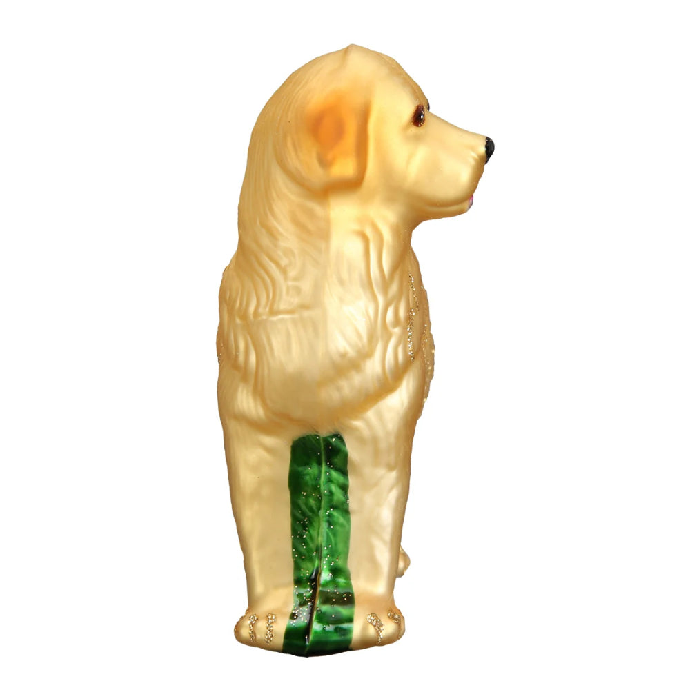 The front of a Golden Retriever christmas ornament on a white backround.