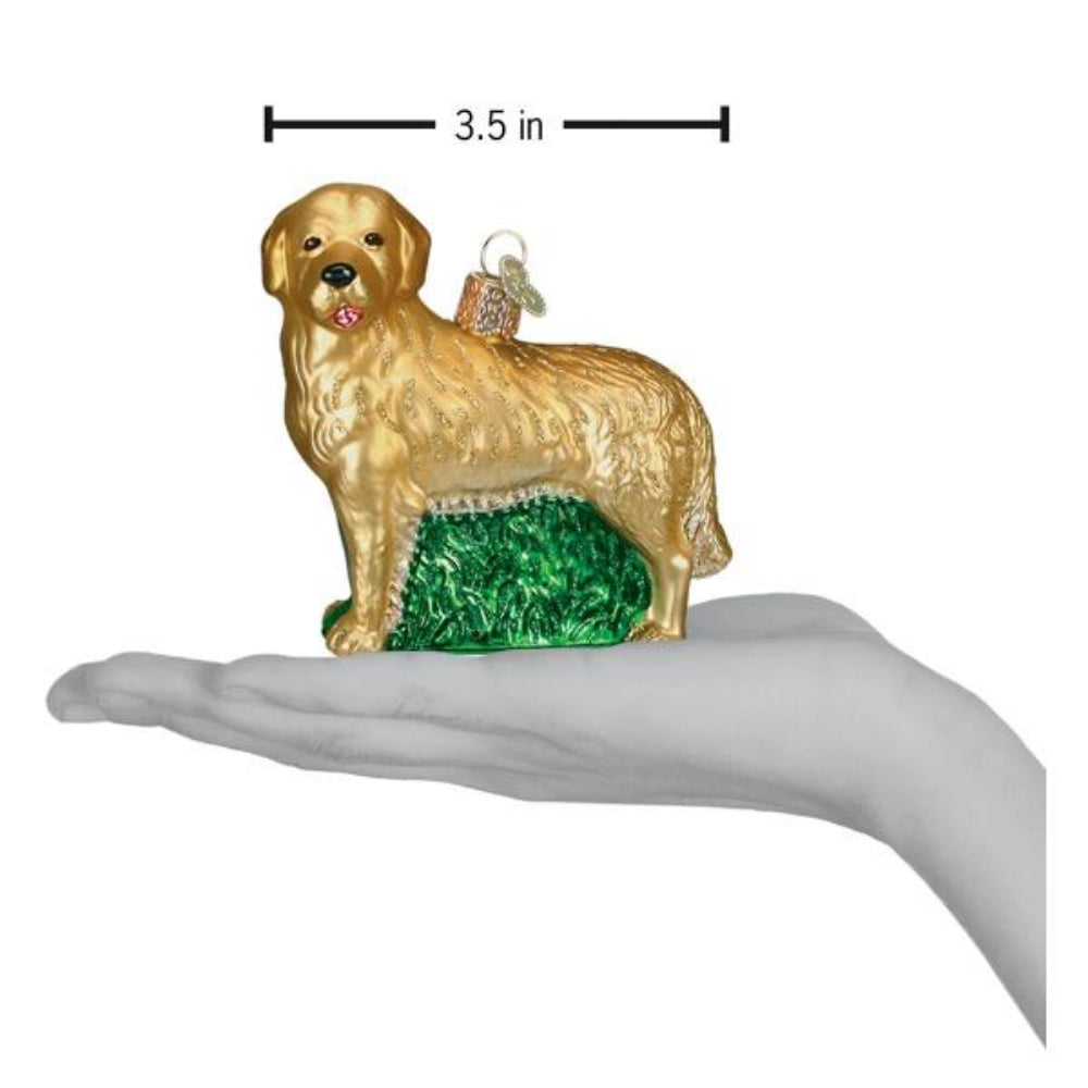 Glass ornament of a dog on a hand with measurements indicated on a white backround.