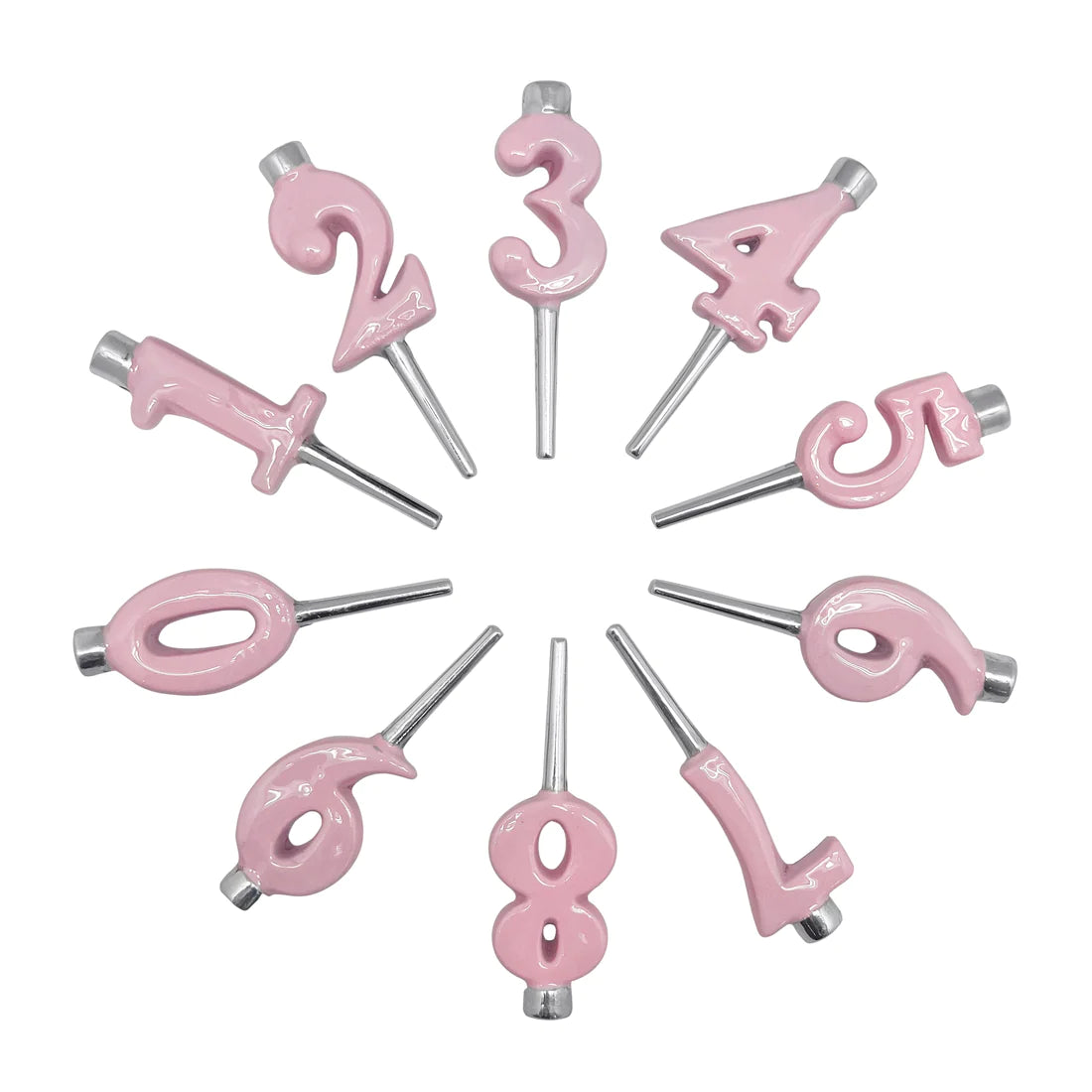 A set of pink aluminum number candle holders for cakes, arranged in a circle with each holder in the shape of a numeral from 0 to 9 on a white backround. 