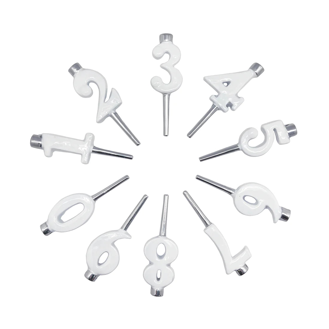 A set of white aluminum number candle holders for cakes, arranged in a circle with each holder in the shape of a numeral from 0 to 9 on a white backround. 