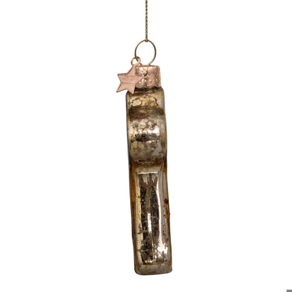 Decorative hanging glass ornament with star detail on a white background