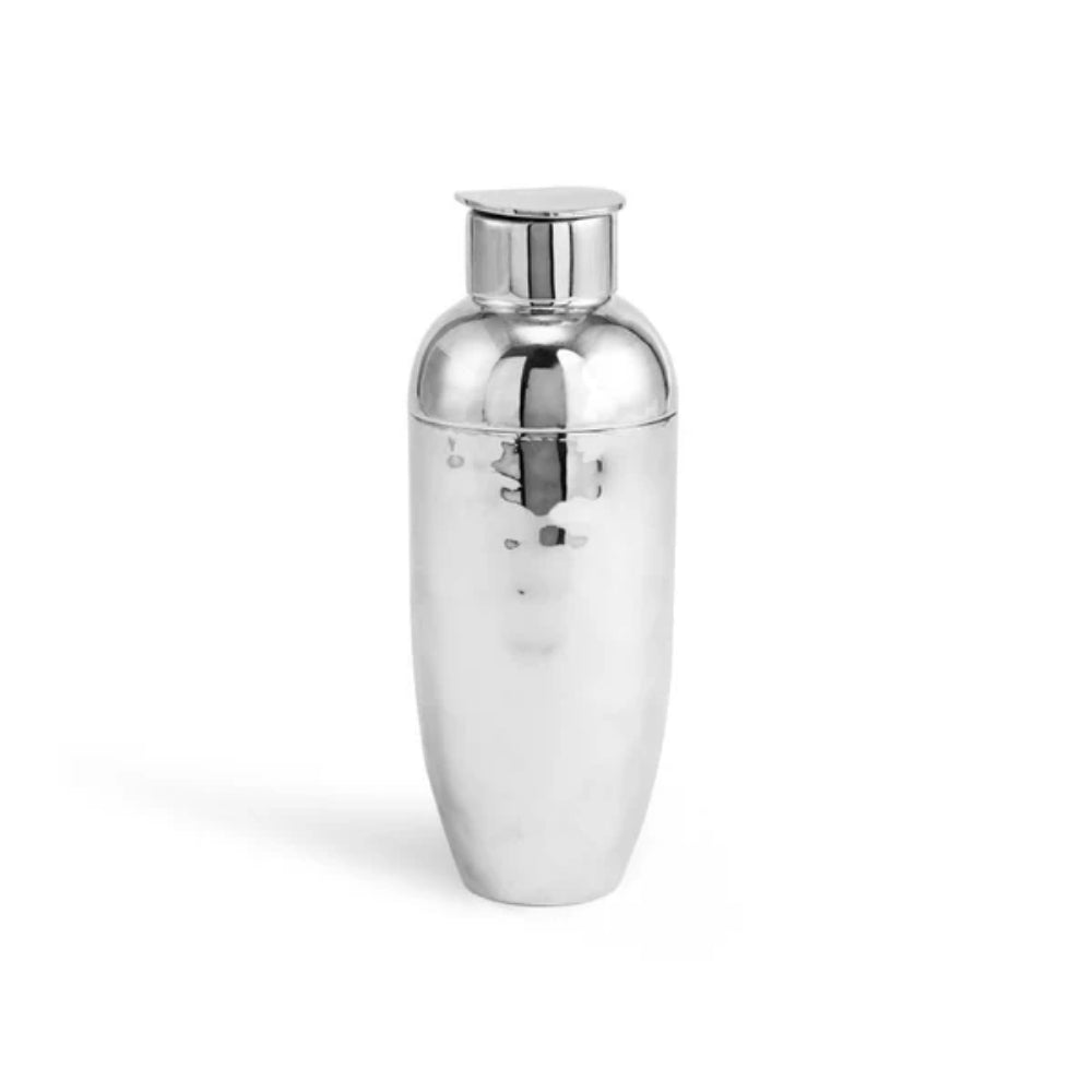 A silver stainless steel cocktail shaker on a white background