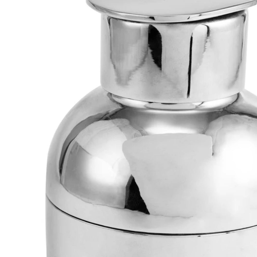 A close-up of a silver stainless steel cocktail on a white background