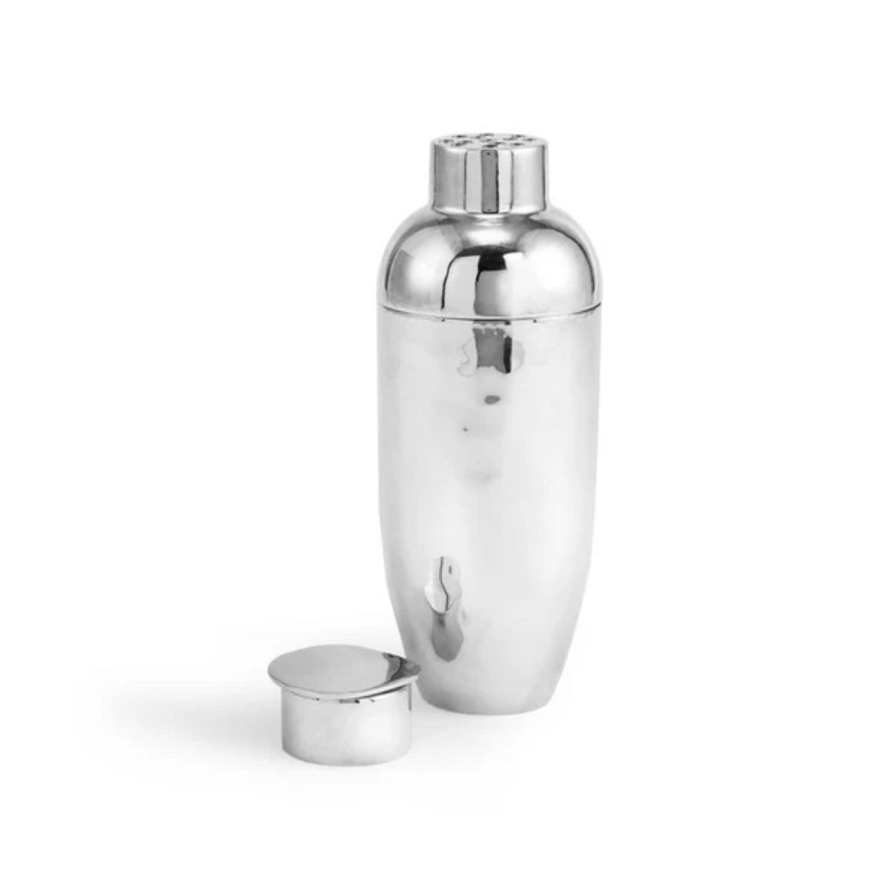 Silver stainless steel cocktail shaker with the top off  on a white background