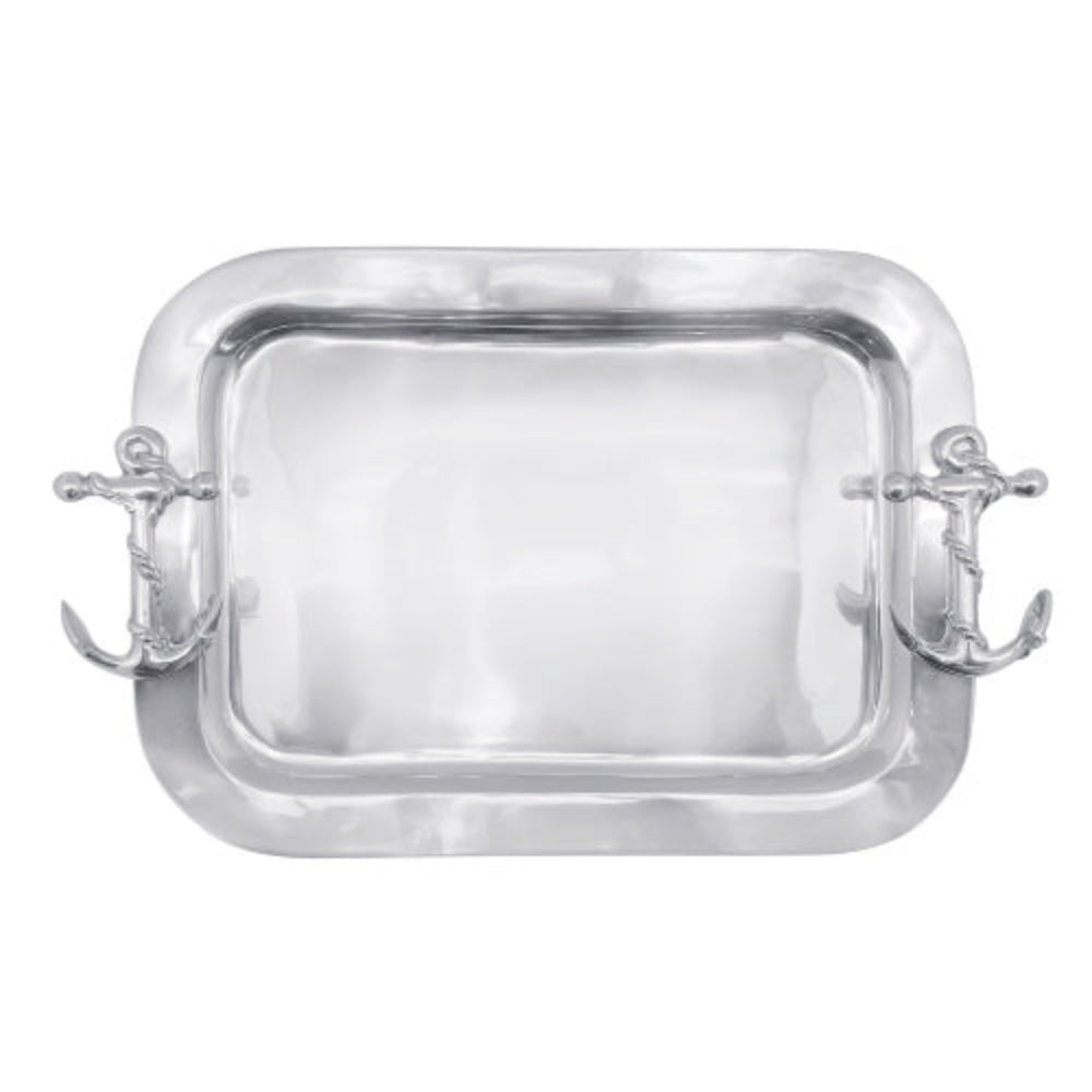 Silver tray with silver anchor handles on a white background.