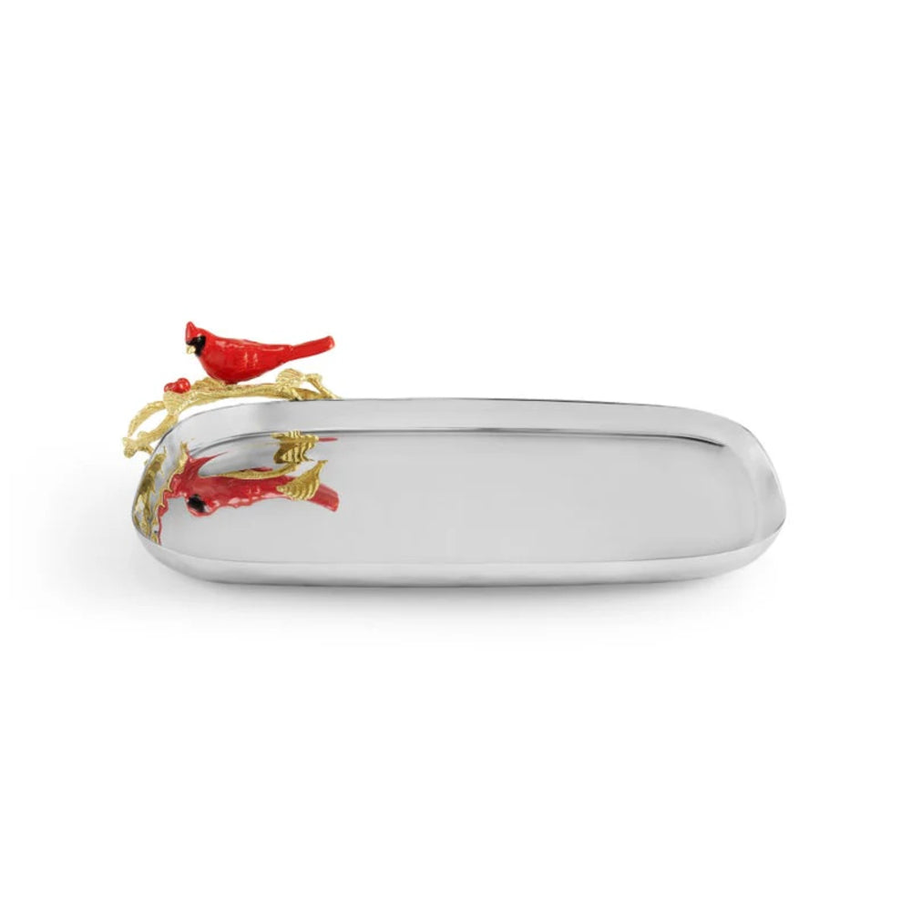 Decorative tray with a red cardinal and gold accents on a white background