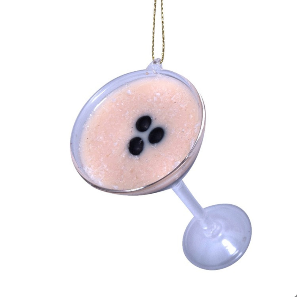 Decorative ornament resembling a cocktail glass with a cherry on top against a white background