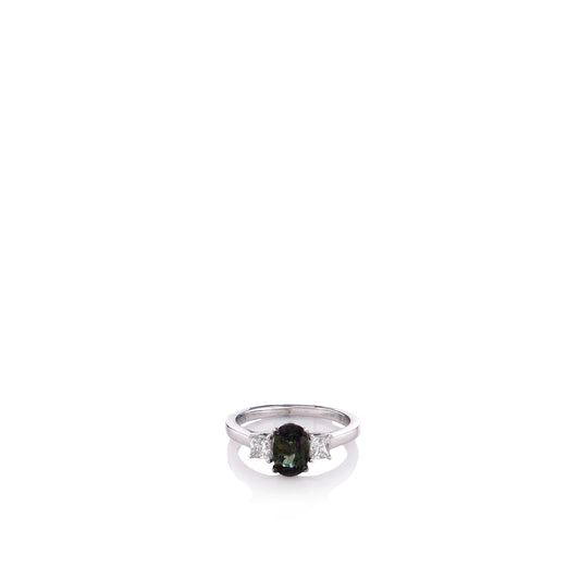 18k White Gold 1.17ct Oval Alexandrite and Diamond Three Stone Ring