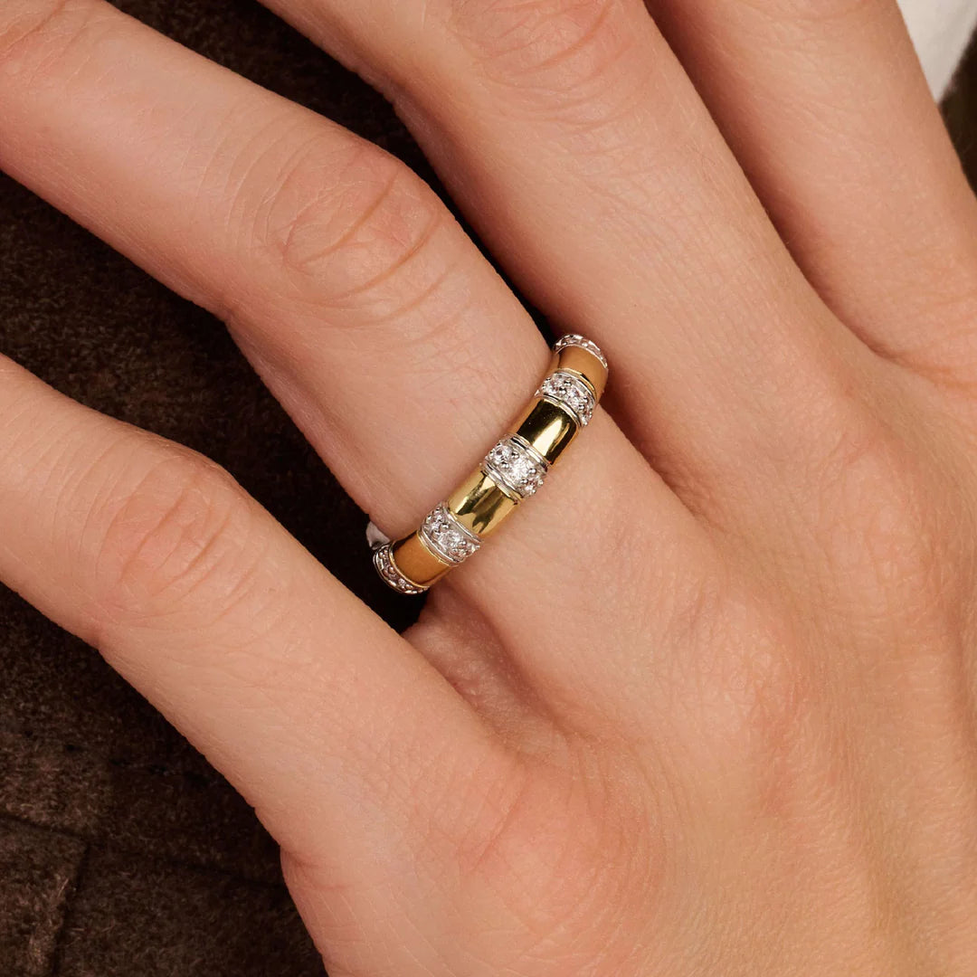Ti Sento 18K Gold Plated Two Tone Band with Vertical Stones of Zirconia