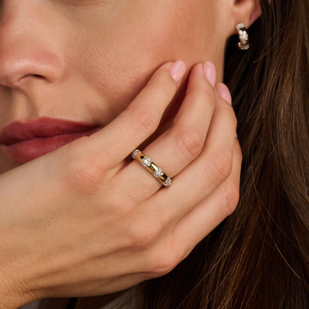 Ti Sento 18K Gold Plated Two Tone Band with Vertical Stones of Zirconia