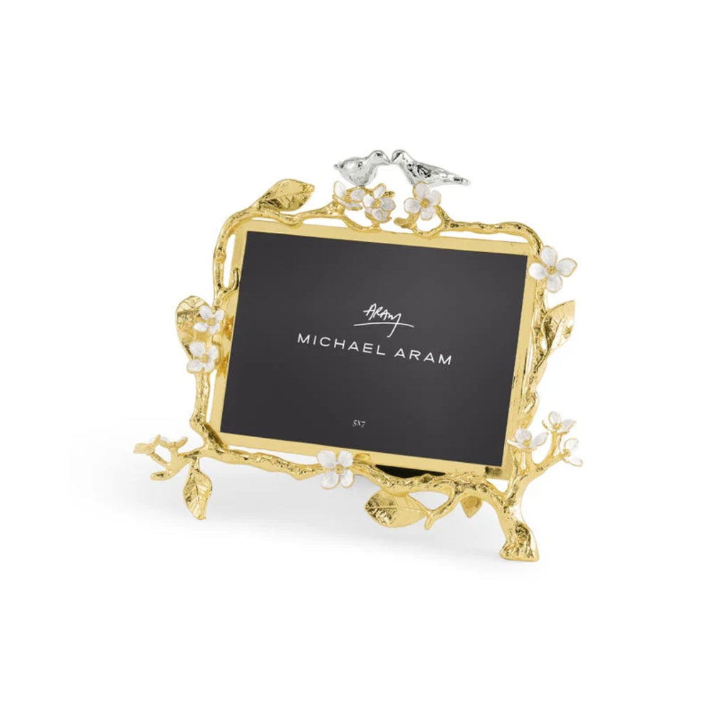 Gold decorative frame with floral design on a white background, featuring the Michael Aram brand.