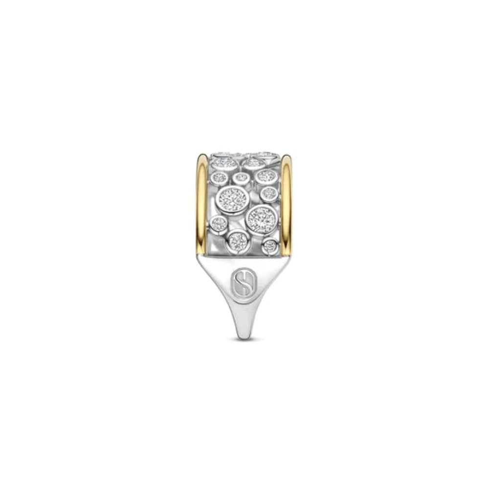 Side view of two tone ring with open array of cubic zirconia