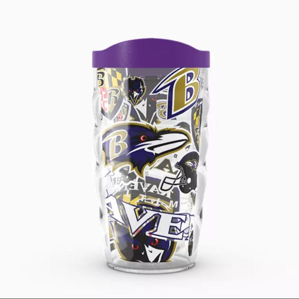 A clear travel tumbler with a purple lid, decorated with a collage of Baltimore Ravens NFL logos and team graphics, set against a plain white background.