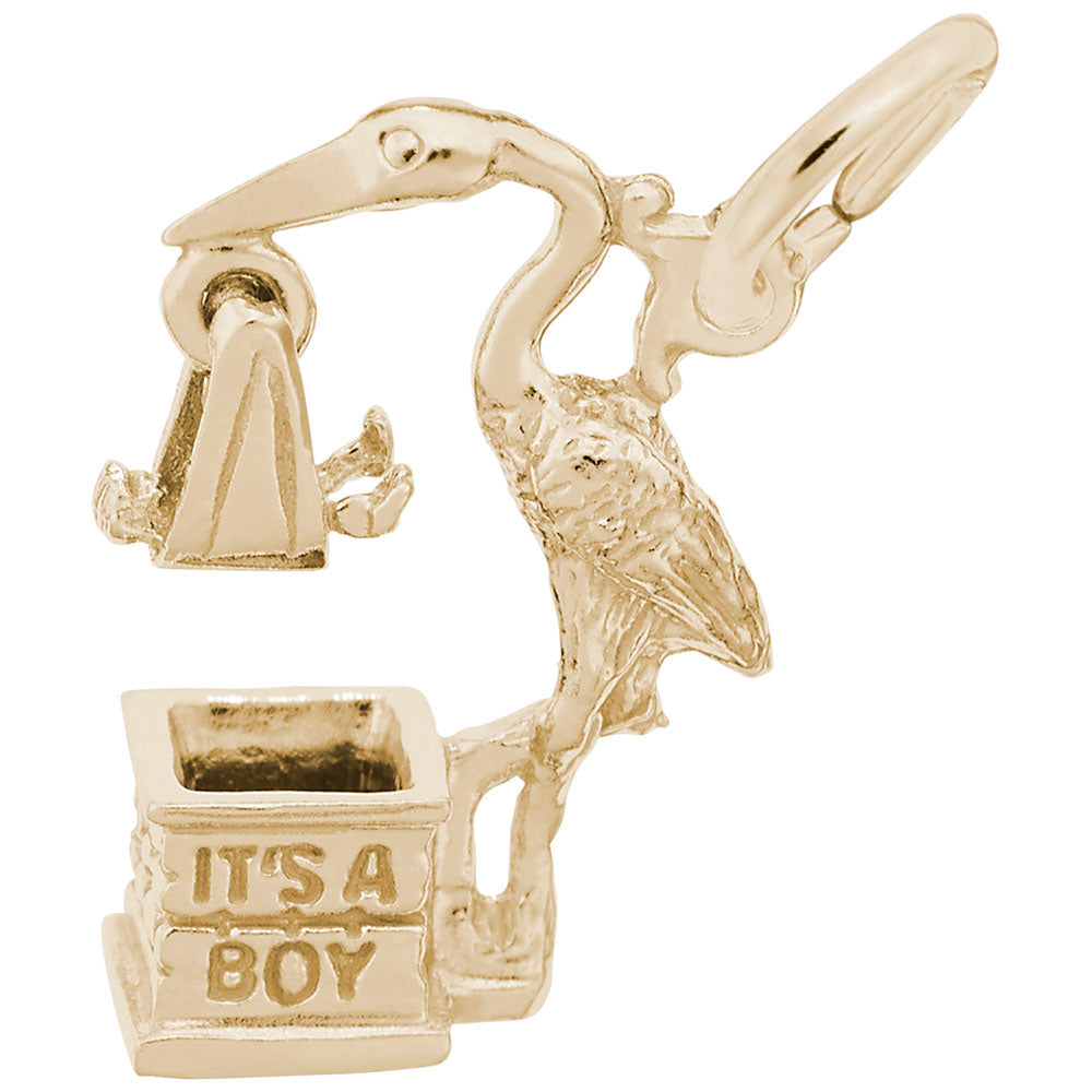 Gold stork charm with baby dangle, engraved with 'ITS A BOY' on a white background