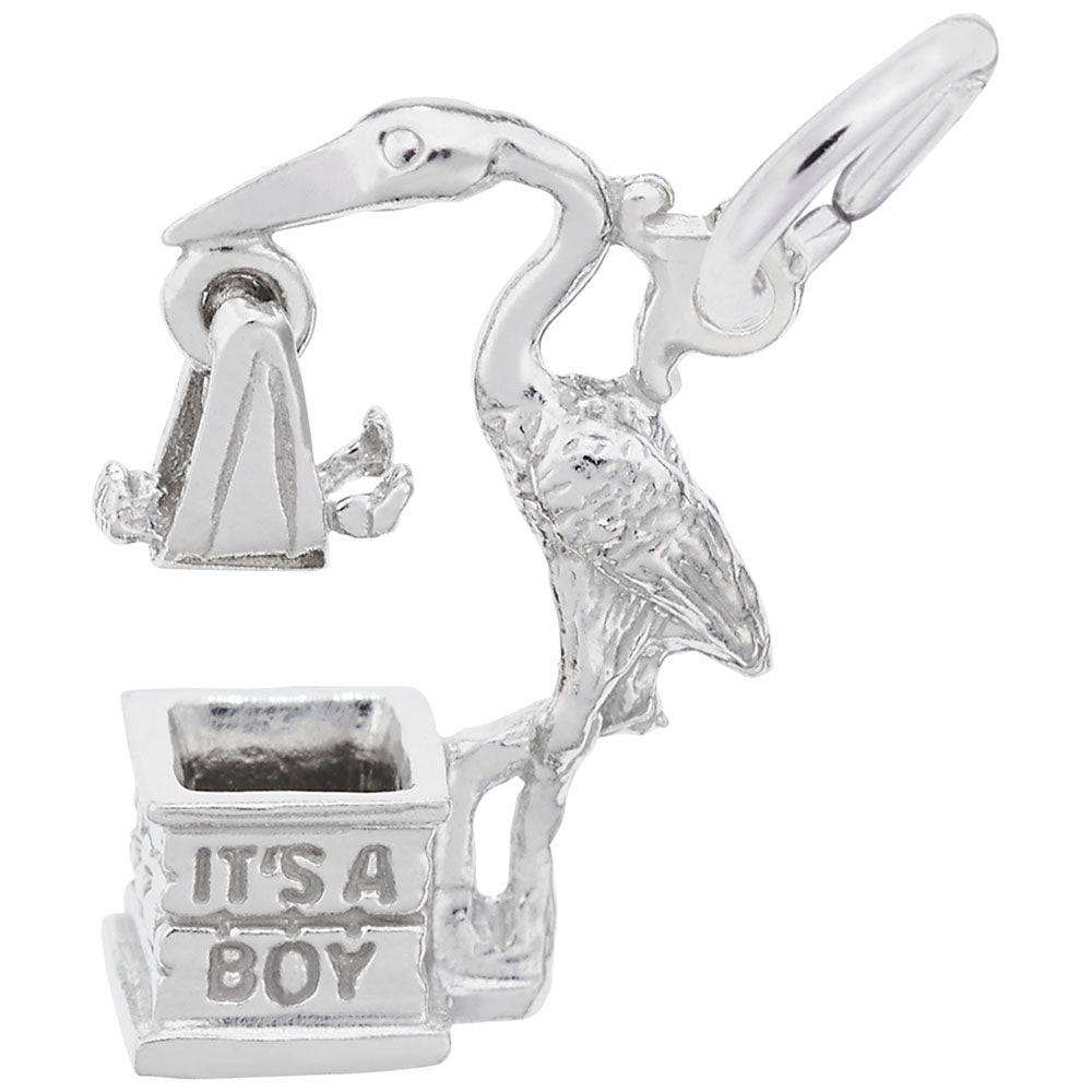 Silver stork charm with baby dangle, engraved with 'ITS A BOY' on a white background