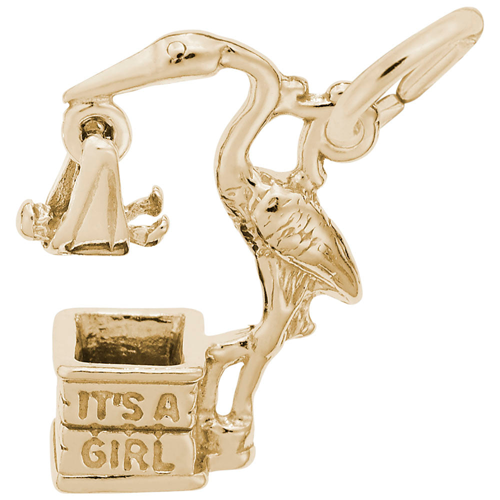 Silver stork charm with baby dangle, engraved with 'ITS A GIRL' on a white background
