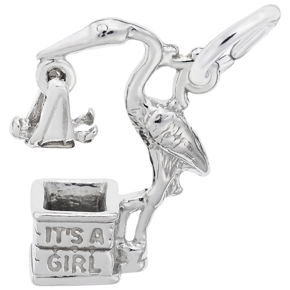 Silver stork charm with baby dangle, engraved with 'ITS A GIRL' on a white background