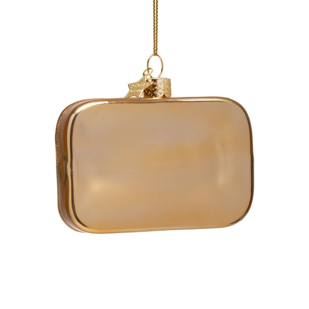 Gold rectangular ornament with a gold chain on a white background