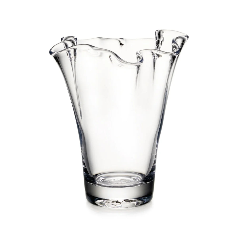 Clear glass vase with a unique design on a white background