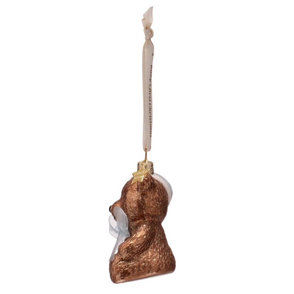 Decorative bear ornament with a gold finish on a white background