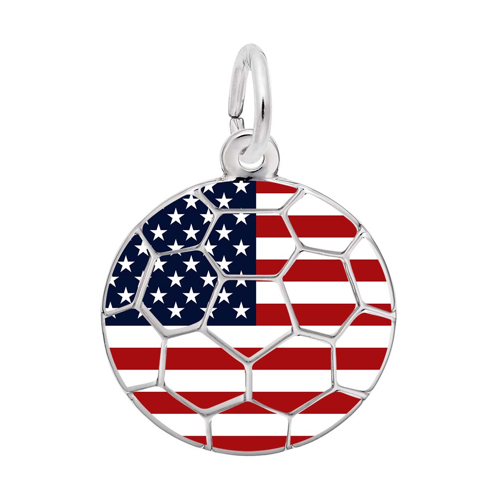 Round US Flag Charm with Silver Soccer Ball markings on a white background