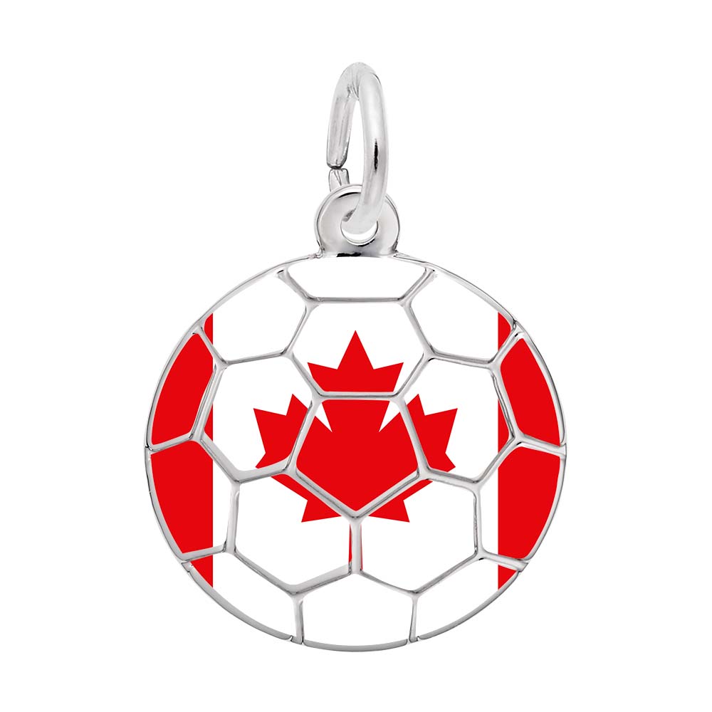 Round Canadian Flag Charm with Silver Soccer Ball markings on a white background