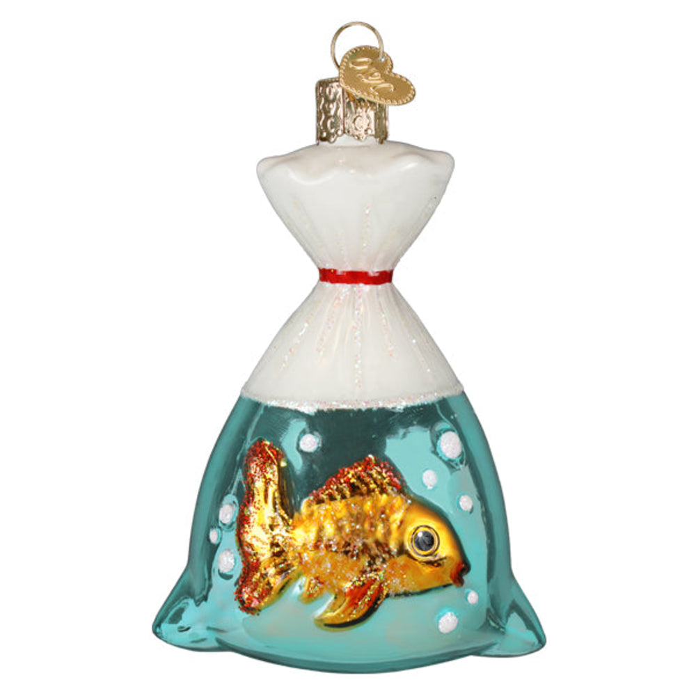 Decorative ornament with a goldfish in a plastic bag on a white background
