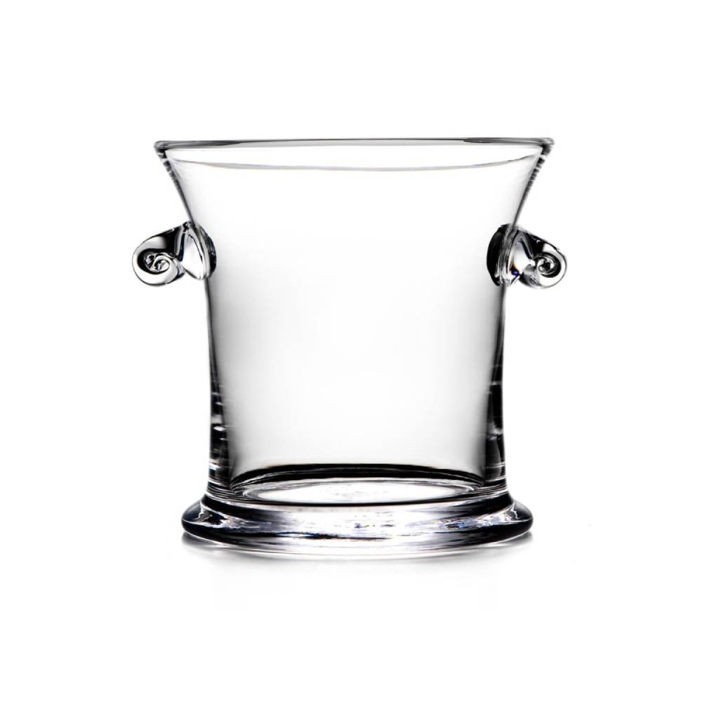 Large clear glass ice bucket with glass handles on a white background