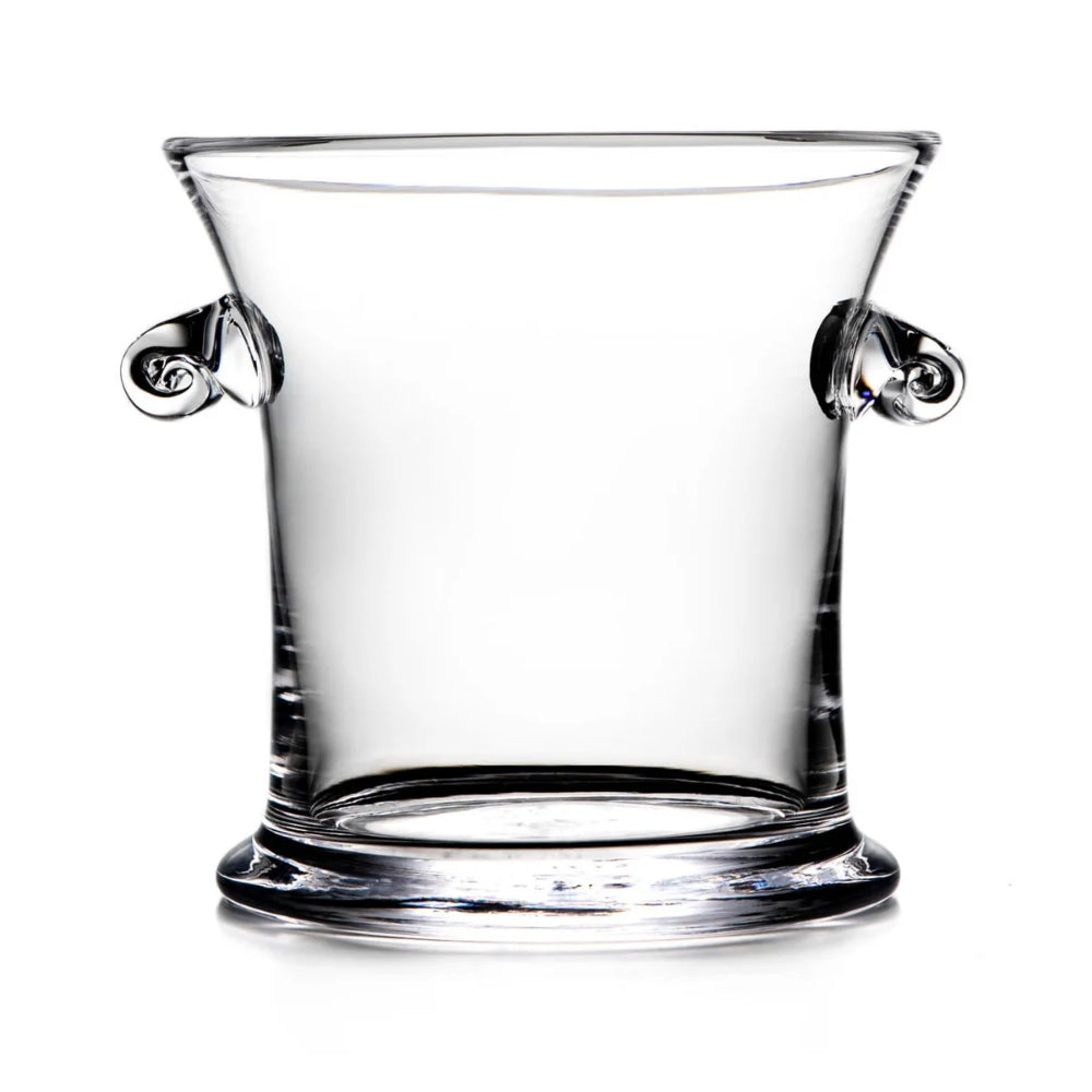 Medium clear glass ice bucket with glass handles on a white background