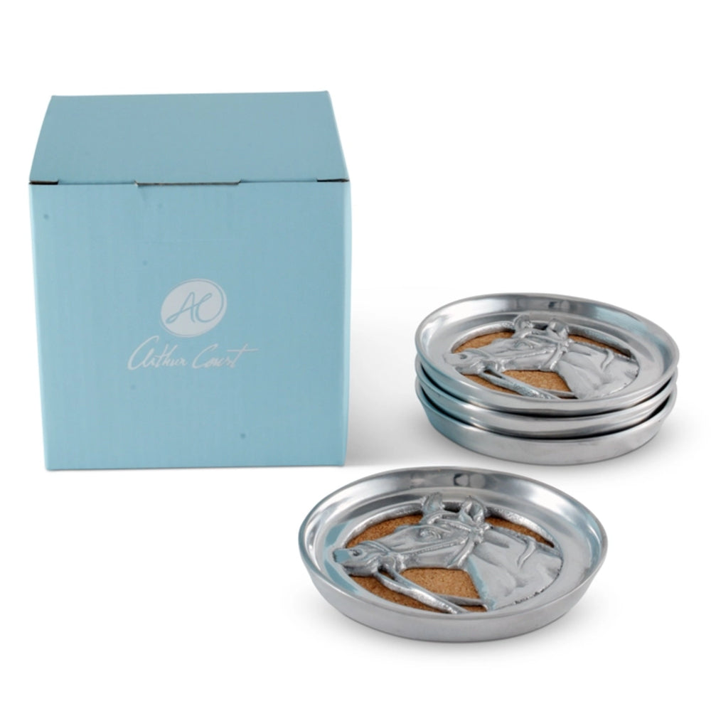 Set of silver coasters with horse design in a blue box, featuring the 'Alison Court' brand.