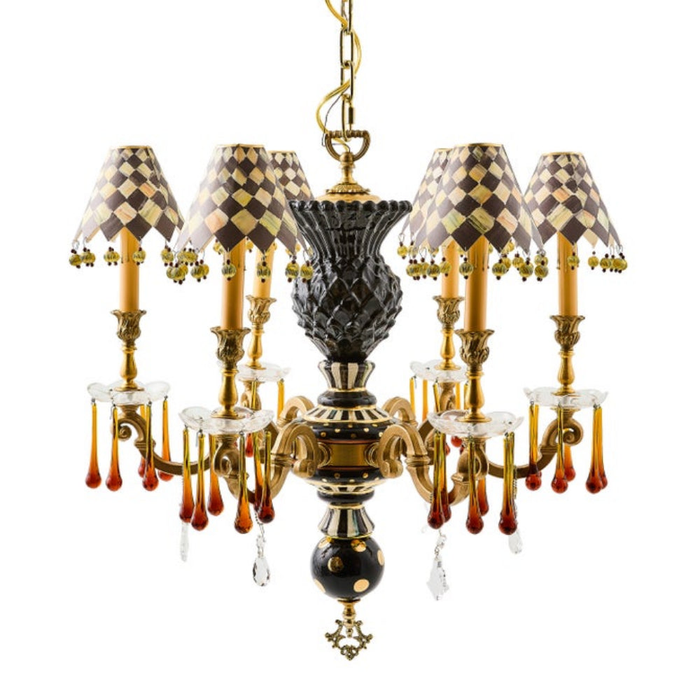 Decorative chandelier with checkered lampshades on a white background