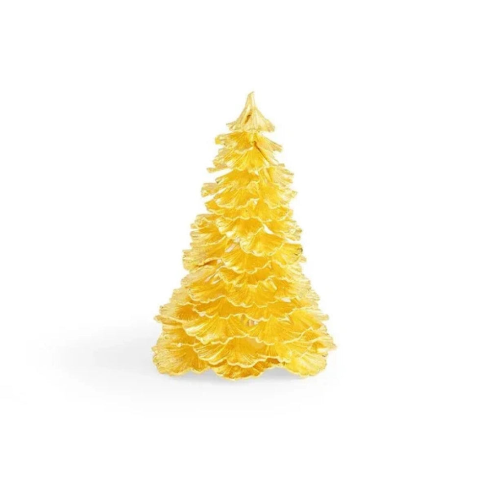 A medium gold Christmas tree decorative object on a white background. 