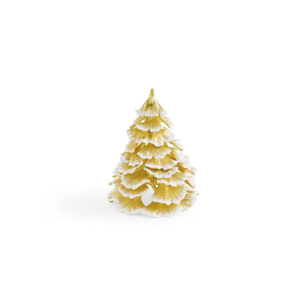 Small decorative Christmas tree with a gold and white color scheme on a white background