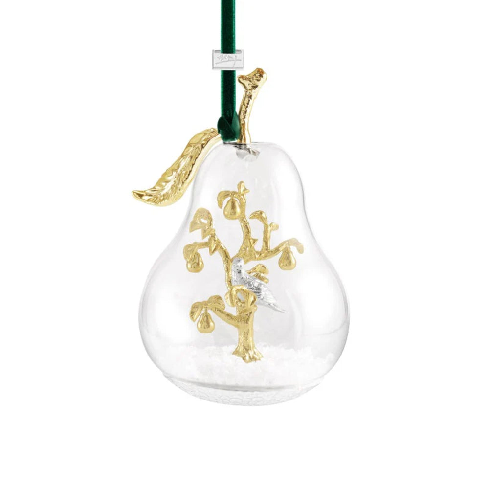 Clear glass pear-shaped ornament with gold decorative elements on a white background.