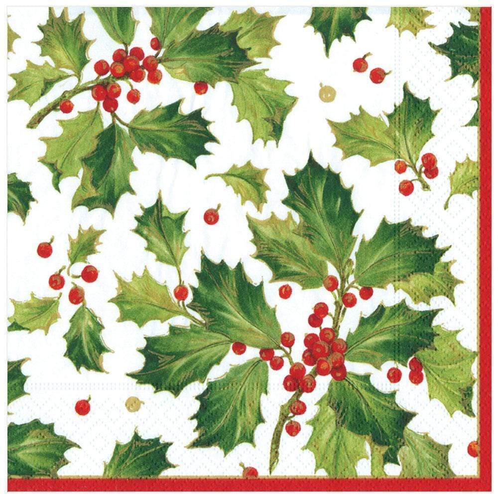 Napkin with holly leaf and berry pattern on a white background