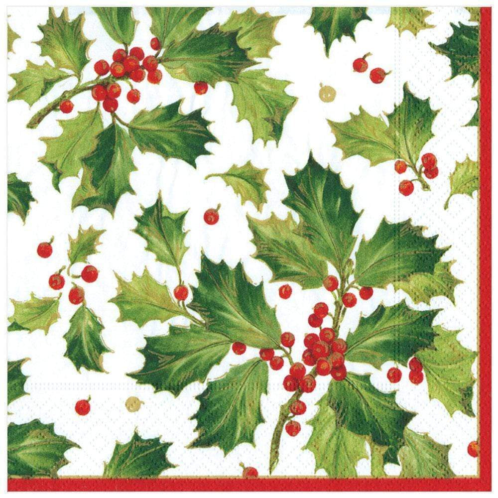 Napkin with holly leaf and berry pattern on a white background