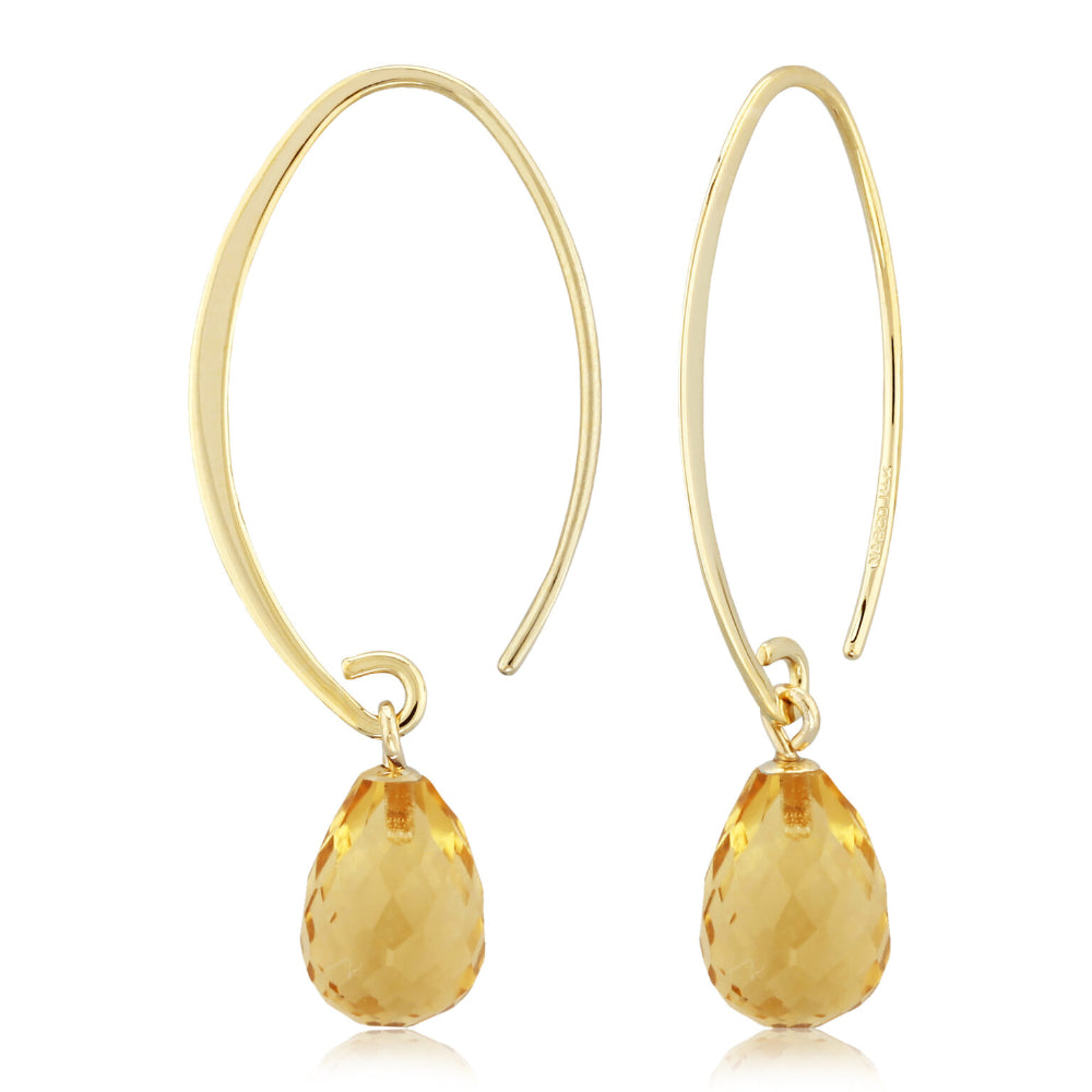 Gold earrings with teardrop-shaped yellow gemstones on a white background