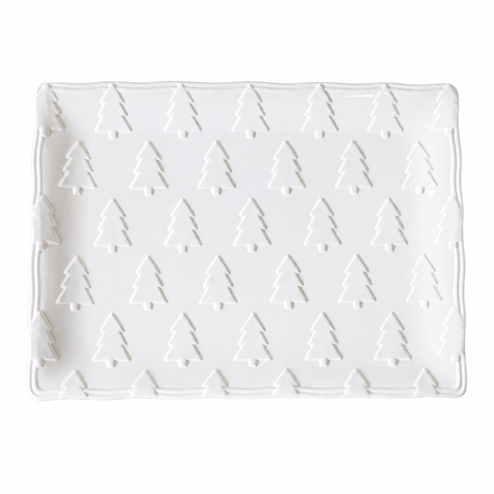 A white rectangular ceramic serving tray with a scalloped rim and a repeating embossed tree pattern, shown on a plain white background.
