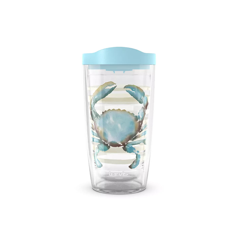 Clear 16oz tumbler with blue crab logo and light blue lid on a white background