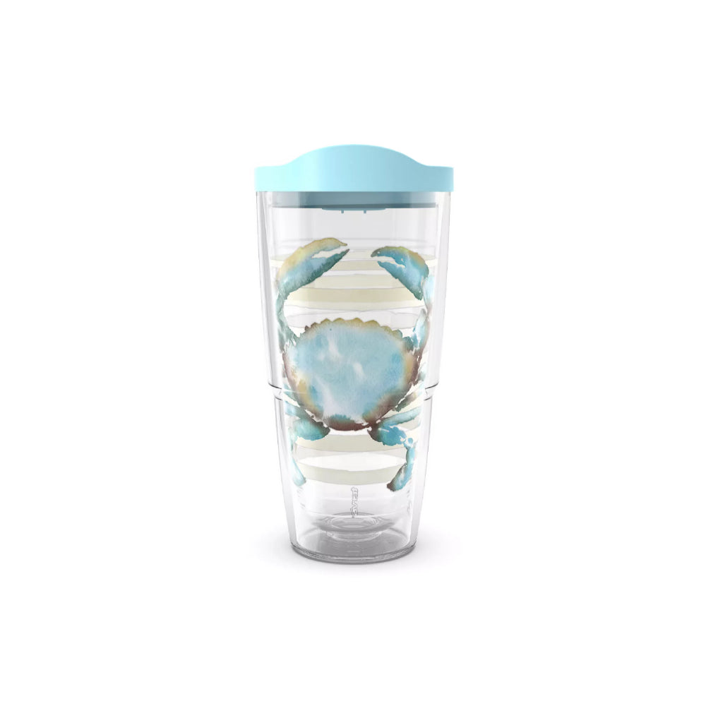 Clear 24oz tumbler with blue crab logo and light blue lid on a white background