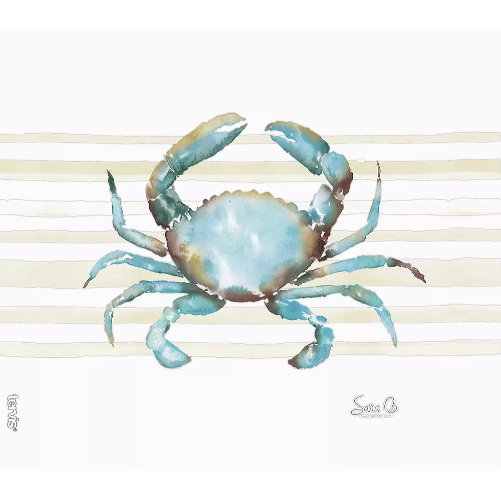 Colorful blue crab illustration on a striped background