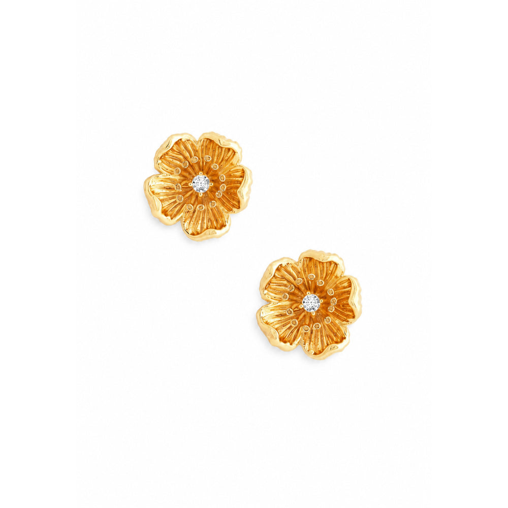 A pair of gold flower stud earrings with a textured petal design and a small clear gemstone in the center, shown on a plain white background.